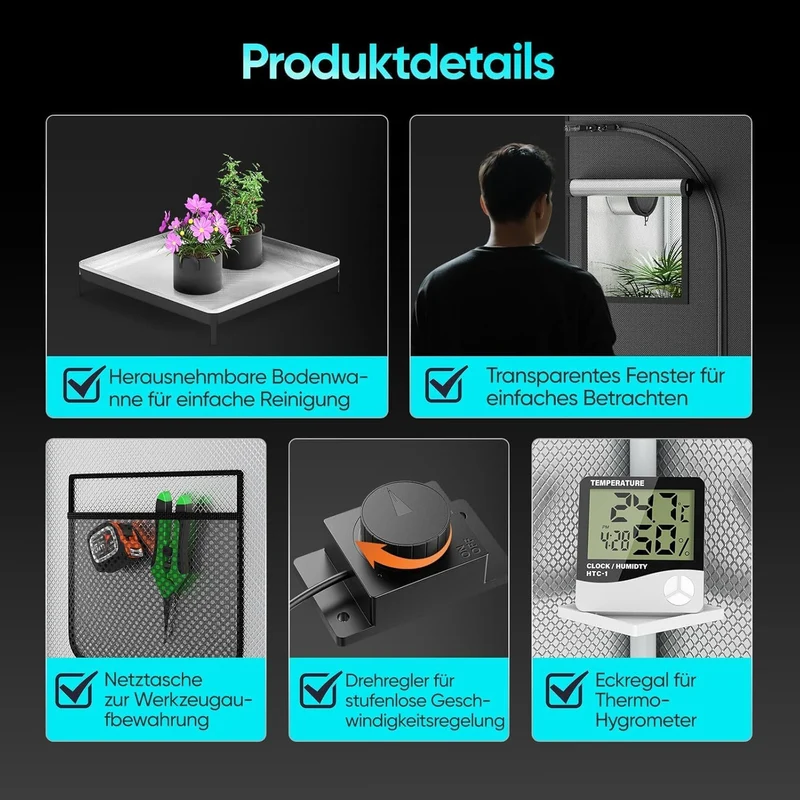 Growzelt Komplettset mit M1500 LED Vollspektrum Grow Lampe 80x80x160cm Grow Tent 4" 215 CFM 3000RPM