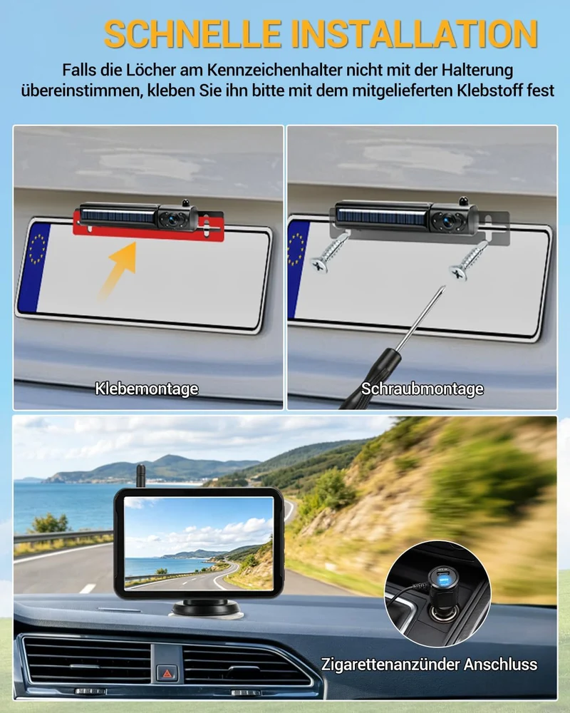 5 Zoll Rückfahrkamera Kabellos Set 1080P Solar Kabellos Rückfahrkamera Kabellose Rückfahrkameras für