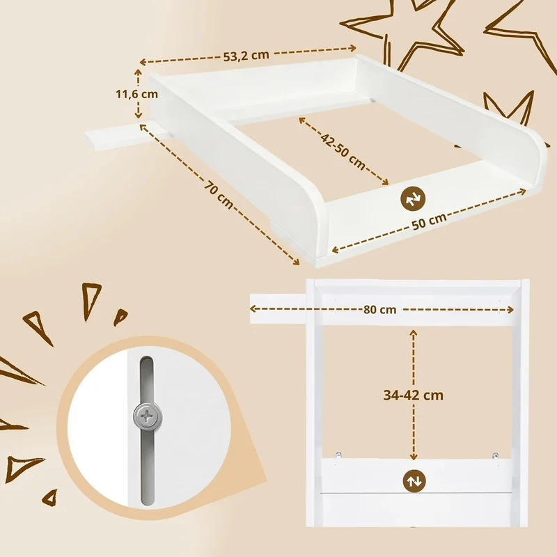Wickelaufsatz mit 80 cm hinterer Leiste, 53,2 × 70 cm, Weiss Weiss 53cm mit Leiste 80cm, Weiss 53cm