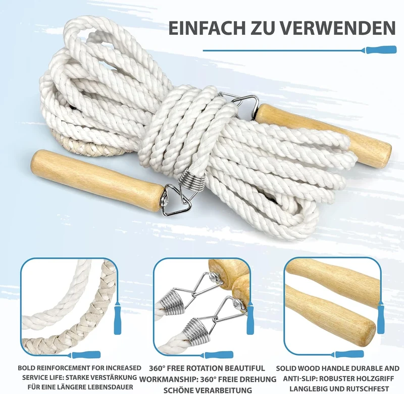 Lange Springseil, Mehrspieler-Seil, Springseil mit Holzgriff für Schule, Sport, Outdoor-Aktivitäten,