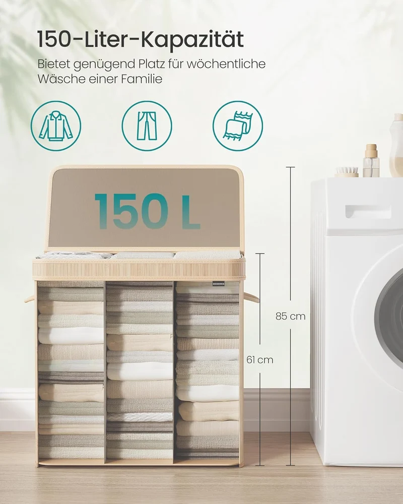 SONGMICS Wäschekorb mit Deckel, Wäschesammler Bambus, Wäschesack herausnehmbar und maschinenwaschbar