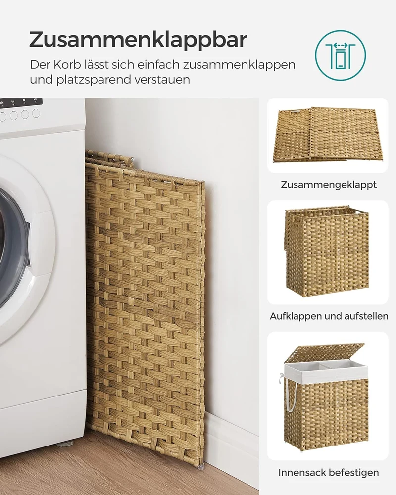 SONGMICS Wäschekorb handgeflochten, Wäschesammler aus synthetischem Rattan, mit Deckel und Griffen,