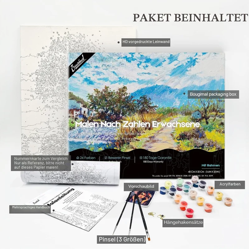 Bougimal Malen Nach Zahlen Erwachsene Landschaft Mit Rahmen inklusive Pinsel und Acrylfarben - 40 x