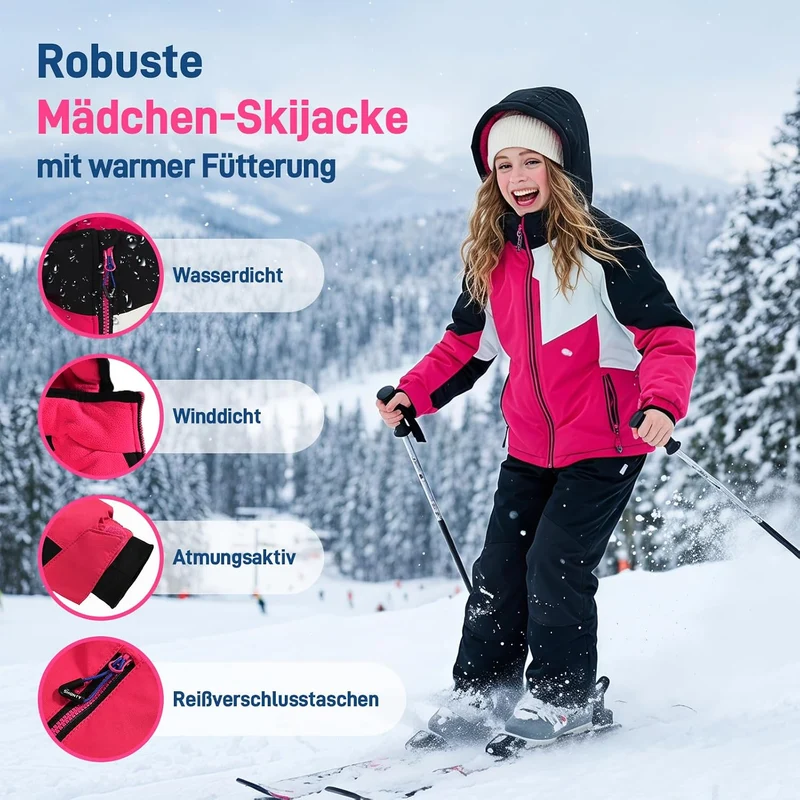 SMONTY Mädchen Skijacke, wasserdicht, warm, mit Kapuze, Schnee-Wintermantel für Kinder 116-122 Rosa,