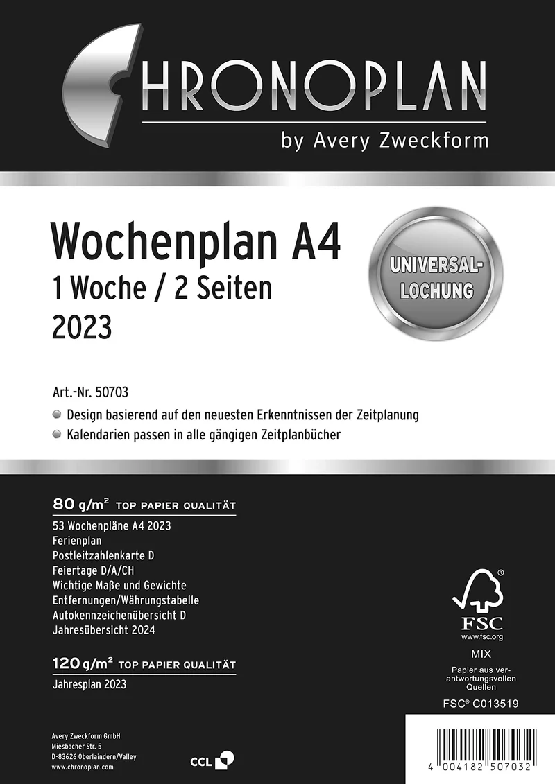 Chronoplan 50703 Kalendereinlage 2023, Wochenplan im A4 Format (210x297 mm), Tage in Spalten, Ersatz