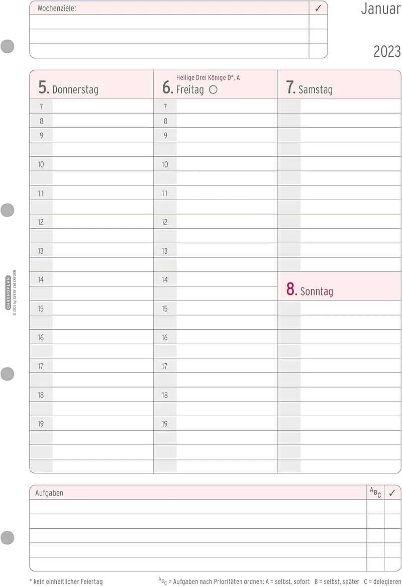 Chronoplan 50703 Kalendereinlage 2023, Wochenplan im A4 Format (210x297 mm), Tage in Spalten, Ersatz