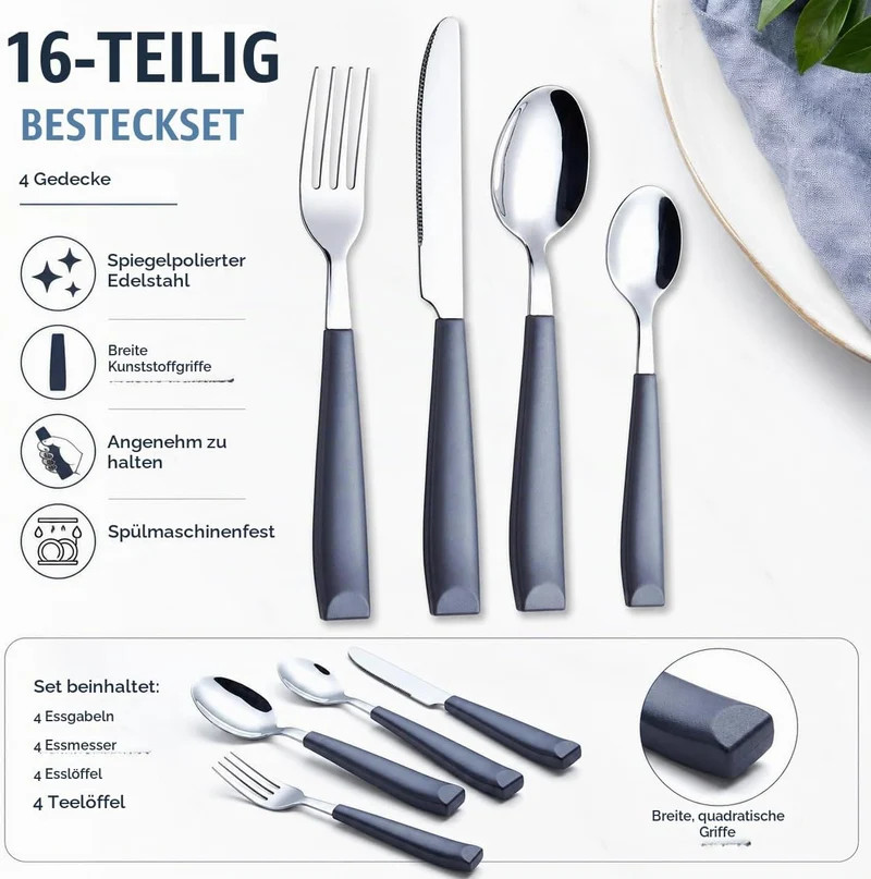 EXZACT 16 PCS Besteck Set/Edelstahl-Besteck - Edelstahl mit Kunststoff-Handgriffen - Bequem zu halte