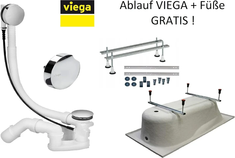 KOLMAN Badewanne QUADRO Rechteck 165x75 ohne Verkleidung, Ablaufgarnitur und Füssen Komplettset 3in1
