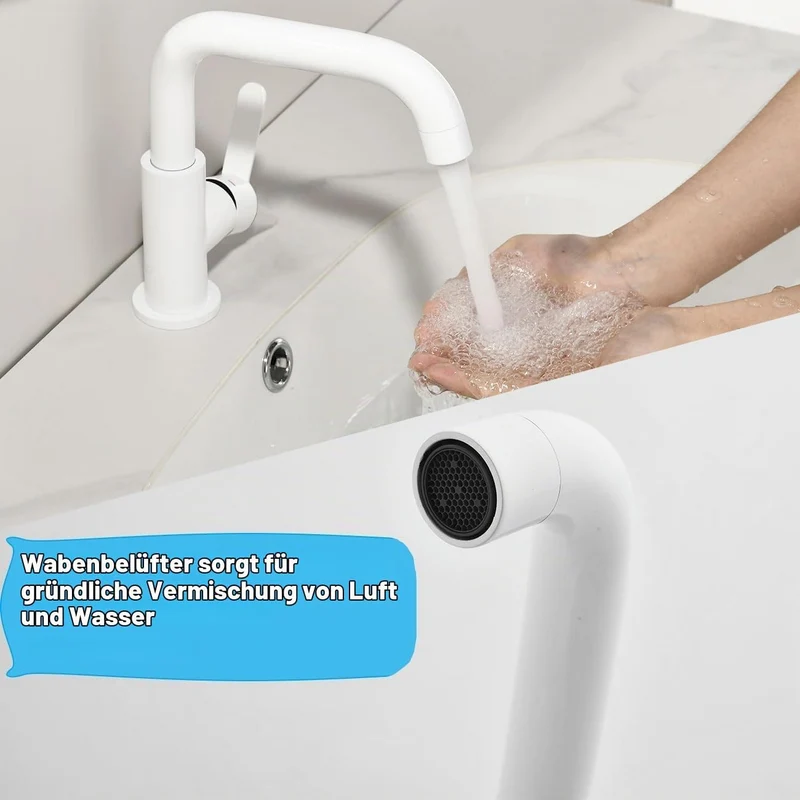 ONECE Waschtischarmatur mit 360° Drehbar, Weiss Wasserhahn Bad mit Auslauf Höhe 136.5 mm, Einhebelmi