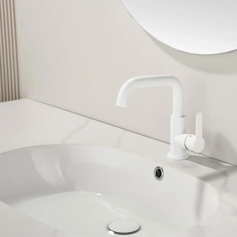 ONECE Waschtischarmatur mit 360° Drehbar, Weiss Wasserhahn Bad mit Auslauf Höhe 136.5 mm, Einhebelmi