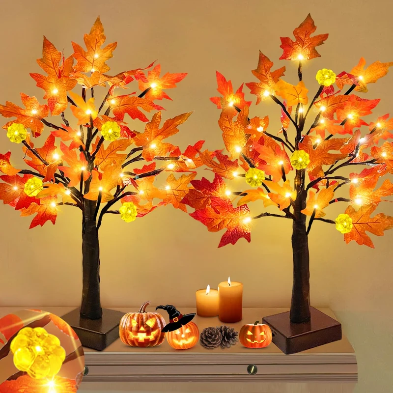 TURNMEON [ 2 Pack & Timer 24 Inch Lighted Maple Tree Fall Decor, Total 48 LED Battery Operated Table