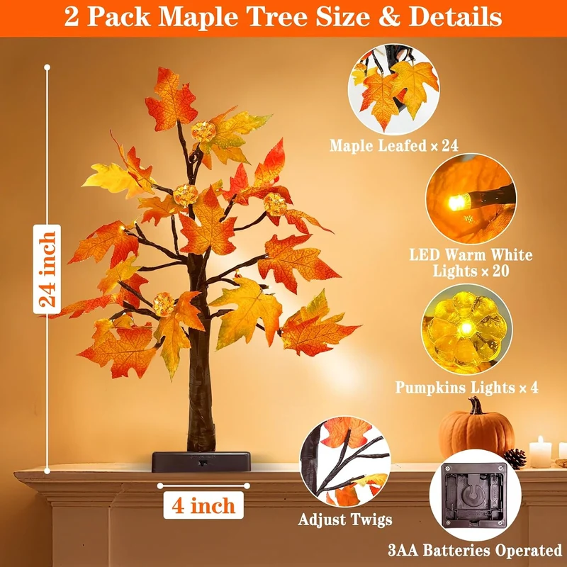 TURNMEON [ 2 Pack & Timer 24 Inch Lighted Maple Tree Fall Decor, Total 48 LED Battery Operated Table