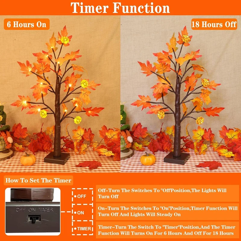 TURNMEON [ 2 Pack & Timer 24 Inch Lighted Maple Tree Fall Decor, Total 48 LED Battery Operated Table