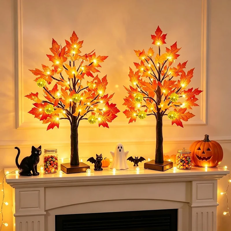 TURNMEON [ 2 Pack & Timer 24 Inch Lighted Maple Tree Fall Decor, Total 48 LED Battery Operated Table