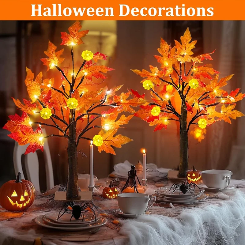 TURNMEON [ 2 Pack & Timer 24 Inch Lighted Maple Tree Fall Decor, Total 48 LED Battery Operated Table