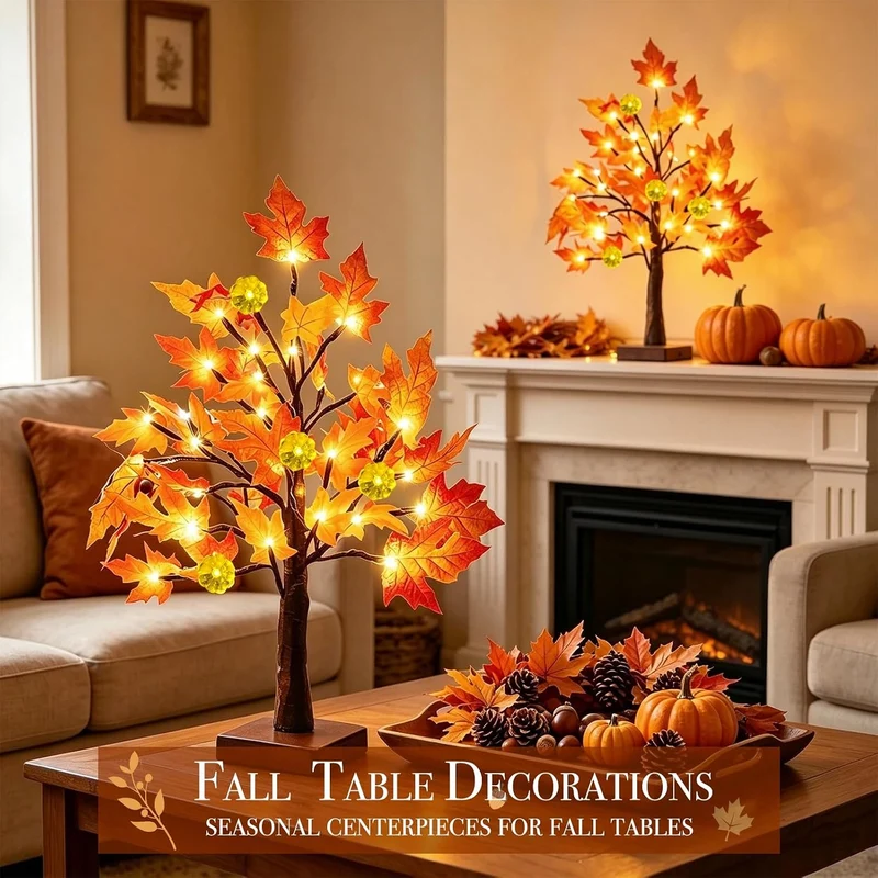 TURNMEON [ 2 Pack & Timer 24 Inch Lighted Maple Tree Fall Decor, Total 48 LED Battery Operated Table