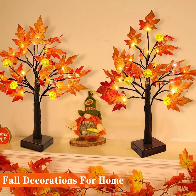 TURNMEON [ 2 Pack & Timer 24 Inch Lighted Maple Tree Fall Decor, Total 48 LED Battery Operated Table
