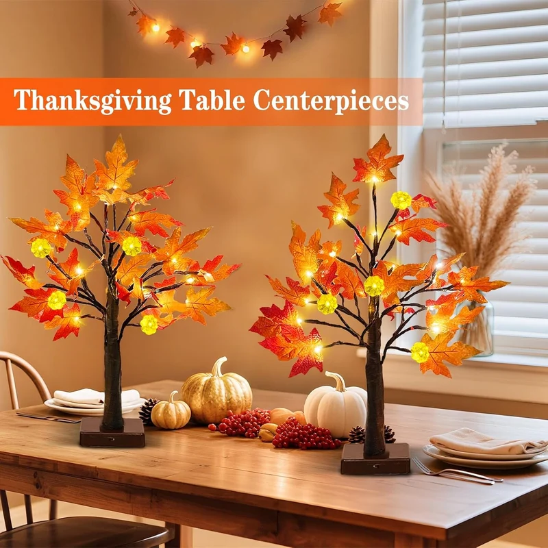 TURNMEON [ 2 Pack & Timer 24 Inch Lighted Maple Tree Fall Decor, Total 48 LED Battery Operated Table