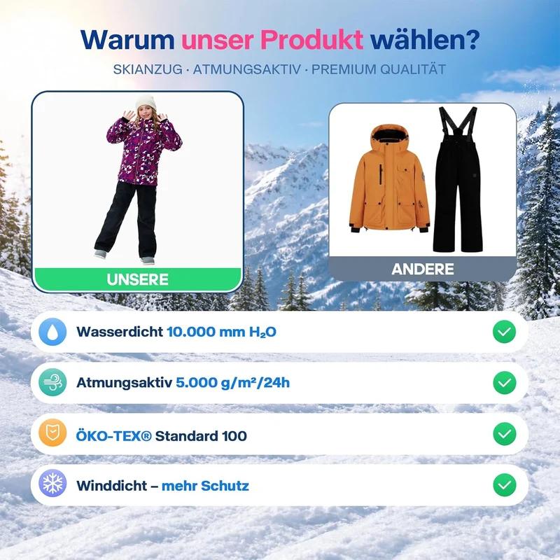 Kinder Schneeanzug für Mädchen Winter Skijacke & Hose Set Kapuzenträger Set Winddicht Wasserdicht Wa