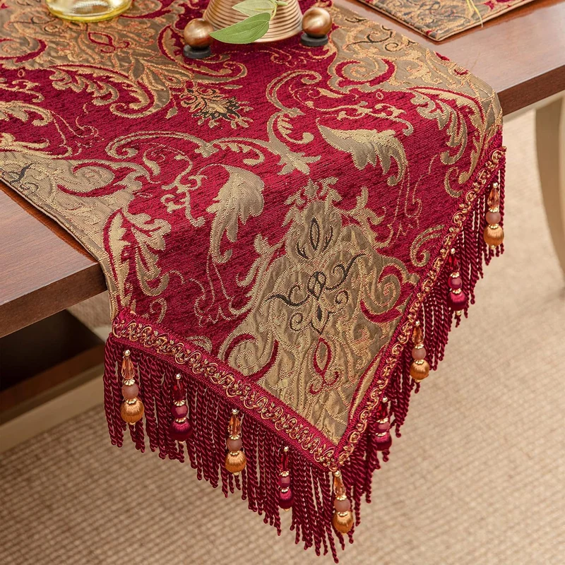 Tischläufer mit Quasten, Jacquard Tischdecke für Esstisch Urlaub Party Wohnzimmer Dekoration (33x228