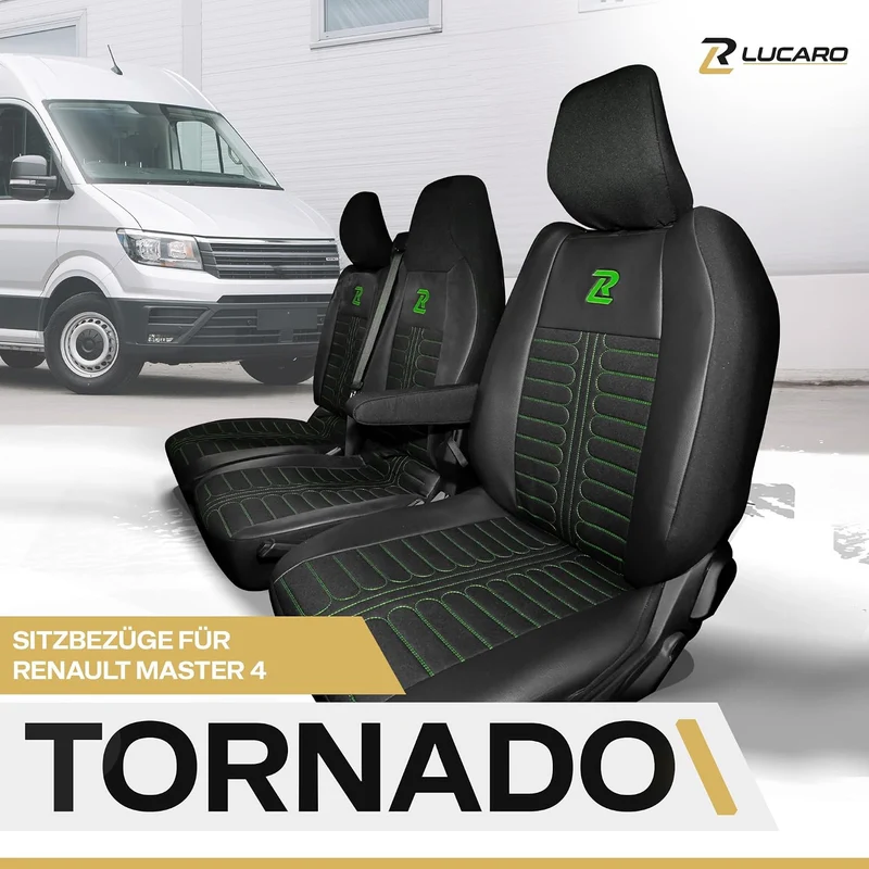LUCARO Sitzbezüge Auto Set Tornado für Renault Master 4, Nissan Interstar 3 Grün Rückenlehne und Sit