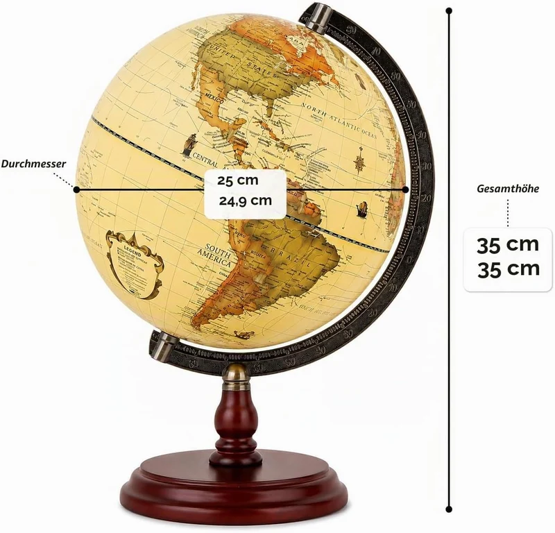 Exerz 25cm Antiker Globus Mit Holzfuss - Englische Karte - Für Kinder Büro Deko - Schülerglobus Mord