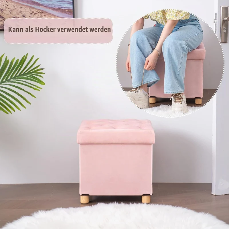 BRIAN & DANY Sitzhocker mit Stauraum Faltbar, Hocker Samt mit Beinen und Deckel, Fusshocker Klein Au