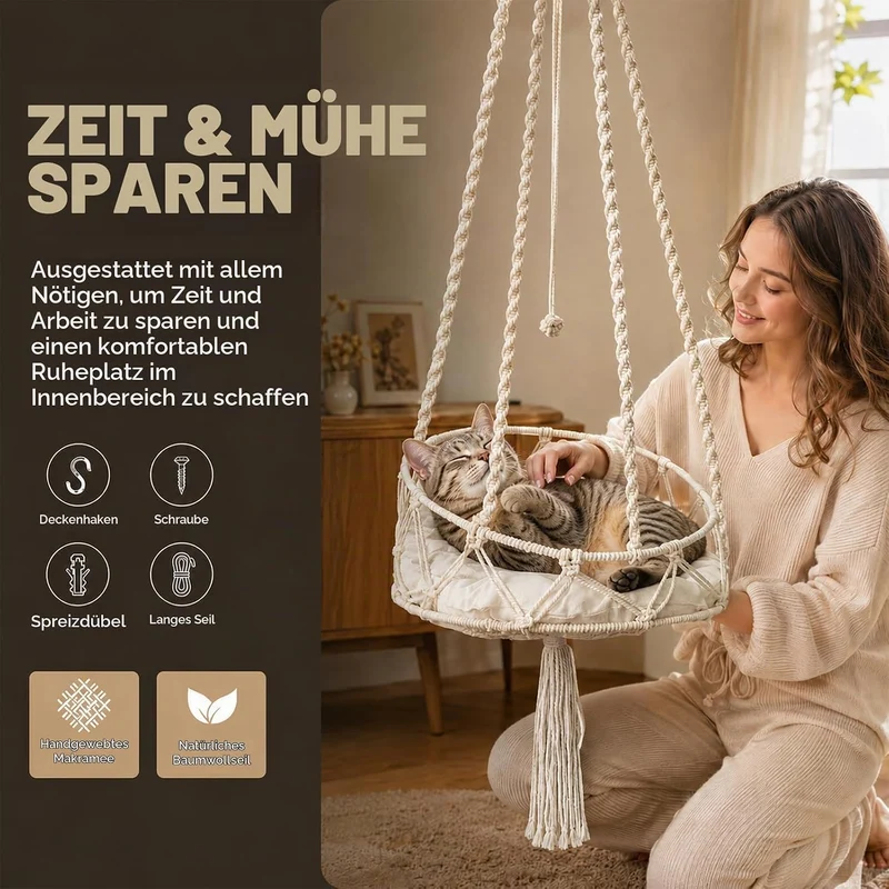 Katzenschaukel, 40cm Katzenschaukel-Hängematte, Boho Makramee Katzenschaukel Hängematte, Katzenschla