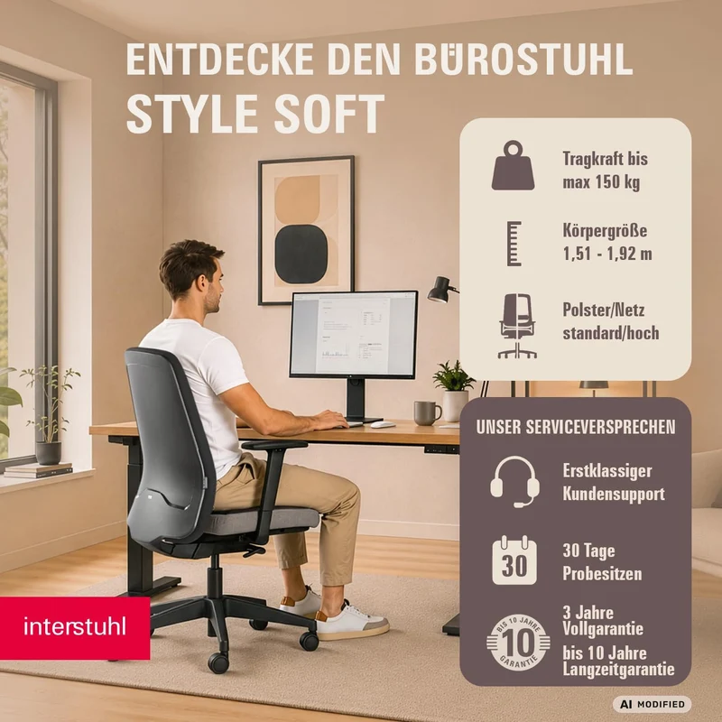 Interstuhl Style Soft Ergonomischer Bürostuhl – Gepolsterter Schreibtischstuhl mit Automatik-Mechani