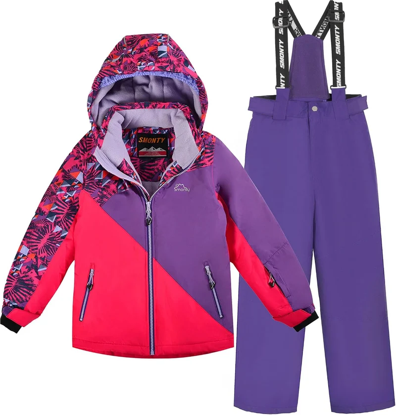 SMONTY Kinder Schneeanzug für Mädchen Winter Skijacke & Hose Set Kapuzenträger Set Winddicht Wasserd