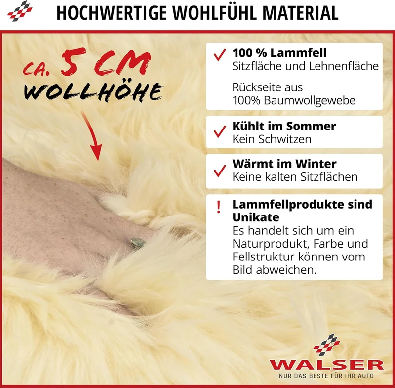 Walser Premium Lammfell Sitzauflage Marla, 100% Lammfell Autositz Sitzauflage mit 5cm Wollhöhe, Sitz