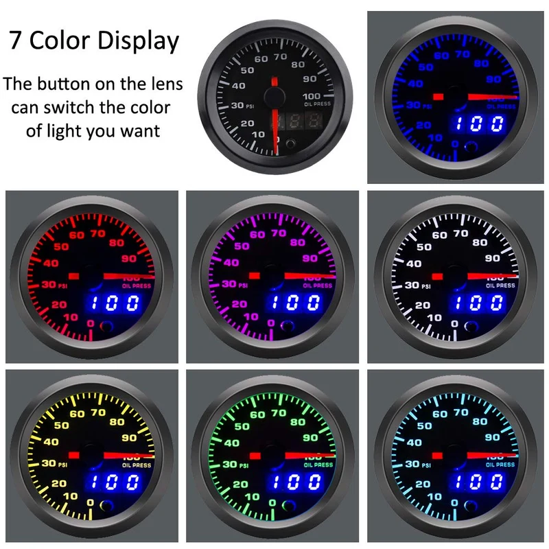 Supmico 52mm Automotor Zeiger Öldruckmesser Ölpresse Messgerät Kit 7 Farbe LED Lichtanzeige Zeigeran