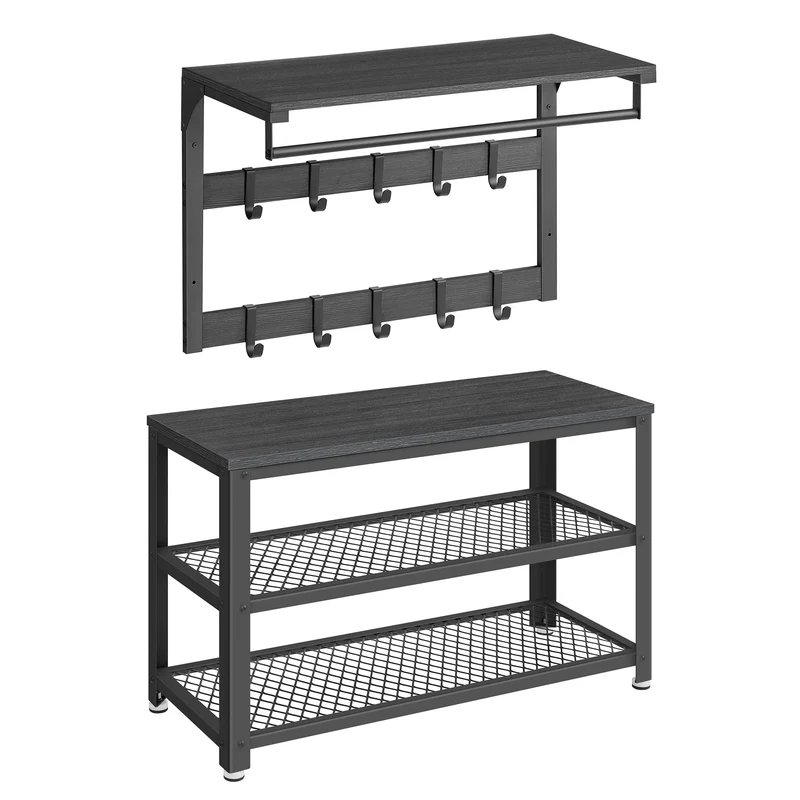 VASAGLE Wandgarderobe, Schuhbank, Wandregal mit Ablage und 10 Haken, Schuhregal mit 3 Ebenen, Aufbew