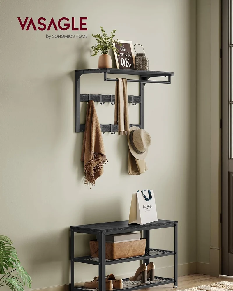 VASAGLE Wandgarderobe, Schuhbank, Wandregal mit Ablage und 10 Haken, Schuhregal mit 3 Ebenen, Aufbew