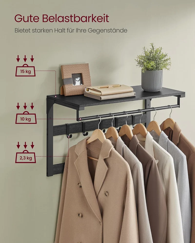 VASAGLE Wandgarderobe, Schuhbank, Wandregal mit Ablage und 10 Haken, Schuhregal mit 3 Ebenen, Aufbew