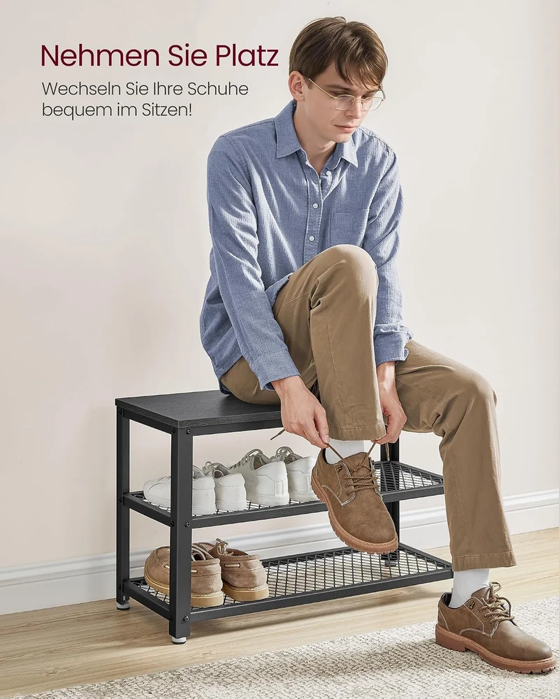 VASAGLE Wandgarderobe, Schuhbank, Wandregal mit Ablage und 10 Haken, Schuhregal mit 3 Ebenen, Aufbew