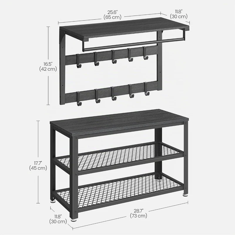 VASAGLE Wandgarderobe, Schuhbank, Wandregal mit Ablage und 10 Haken, Schuhregal mit 3 Ebenen, Aufbew