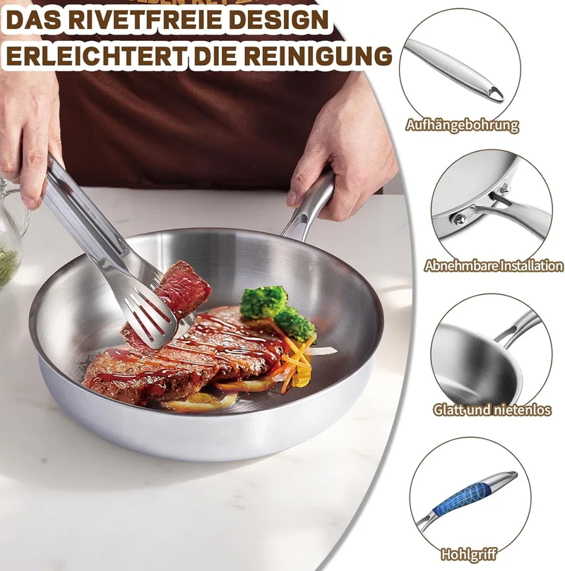 GOLDEN KEY Edelstahlpfanne Set 28 24 20 cm, Bratpfannen Edelstahl Induktion unbeschichtet, Edelstahl