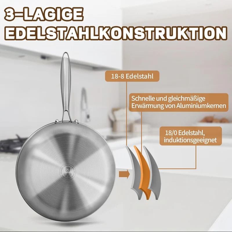 GOLDEN KEY Edelstahlpfanne Set 28 24 20 cm, Bratpfannen Edelstahl Induktion unbeschichtet, Edelstahl