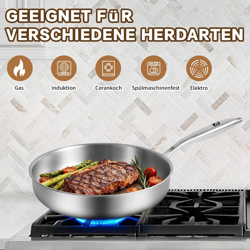 GOLDEN KEY Edelstahlpfanne Set 28 24 20 cm, Bratpfannen Edelstahl Induktion unbeschichtet, Edelstahl