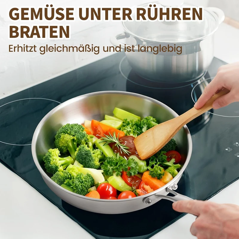 GOLDEN KEY Edelstahlpfanne Set 28 24 20 cm, Bratpfannen Edelstahl Induktion unbeschichtet, Edelstahl