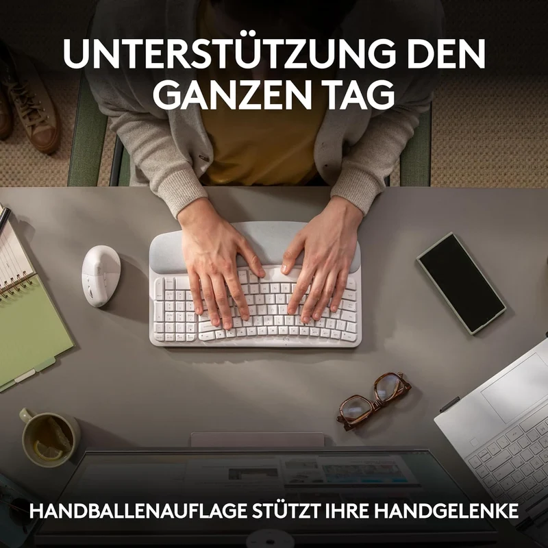 Logitech Wave Keys kabellose ergonomische Tastatur, gepolsterte Handballenauflage, komfortables natü