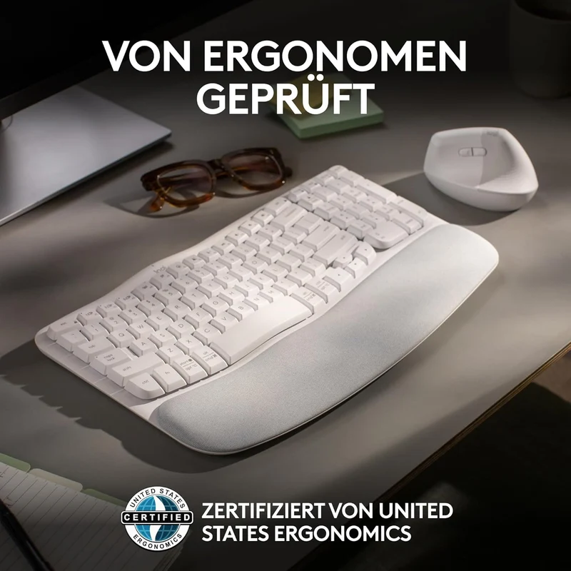 Logitech Wave Keys kabellose ergonomische Tastatur, gepolsterte Handballenauflage, komfortables natü