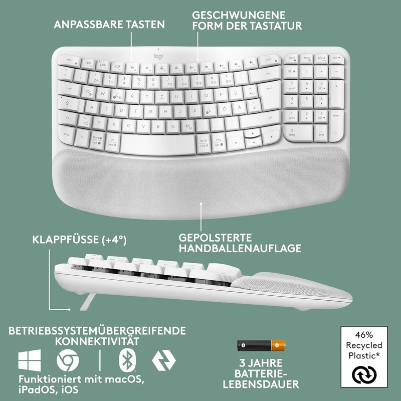 Logitech Wave Keys kabellose ergonomische Tastatur, gepolsterte Handballenauflage, komfortables natü