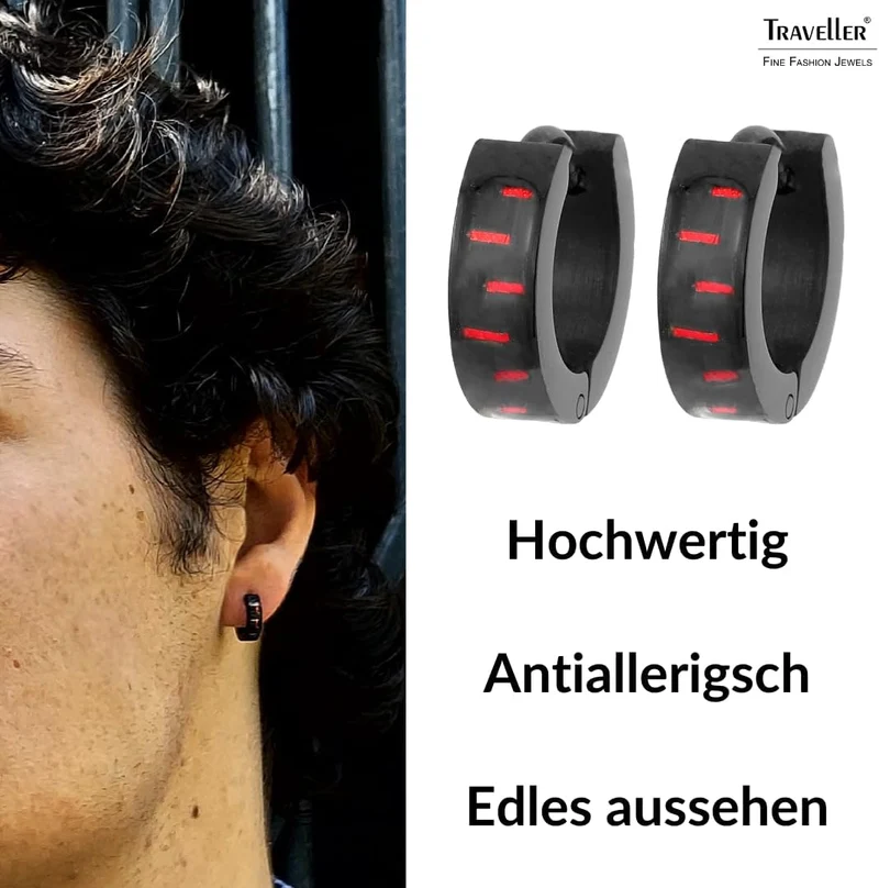 Traveller Creolen - Herren - Edelstahl - schwarz - Karbon Rot, Rot