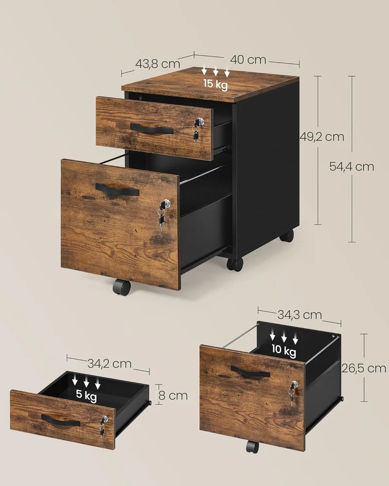 VASAGLE Rollcontainer, abschliessbar, Aktenschrank mit 2 Schubladen, 5 Rollen, verstellbare Hängesta