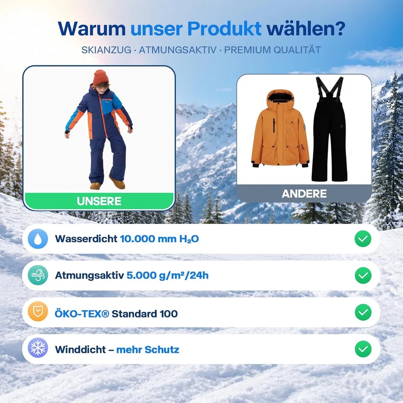 Kinder Schneeanzug für Jungen, Winter-Skijacke & Hose, Set Kapuzenriemen, Winddicht, Wasserdicht, Wa