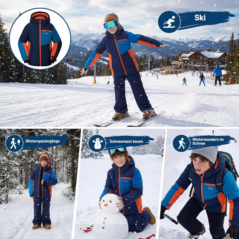Kinder Schneeanzug für Jungen, Winter-Skijacke & Hose, Set Kapuzenriemen, Winddicht, Wasserdicht, Wa