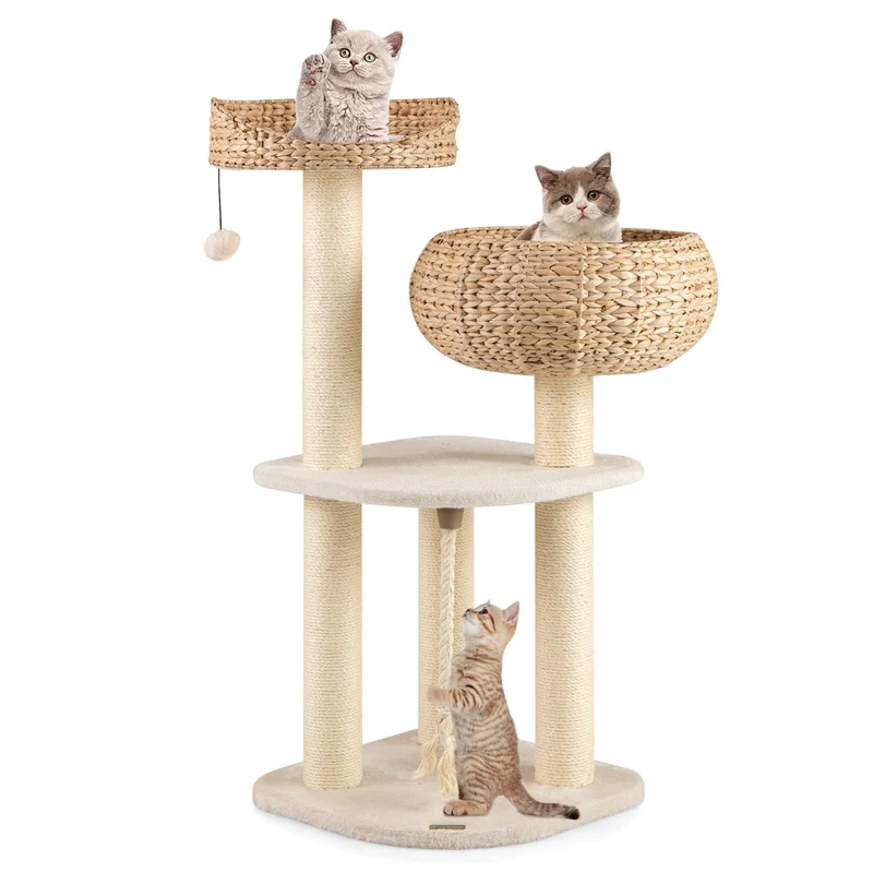 GYMAX Kratzbaum 104 cm, Katzenbaum Rattan mit Korb, Sisalstämme, Hängender Ball & eine Schlinge, Sta