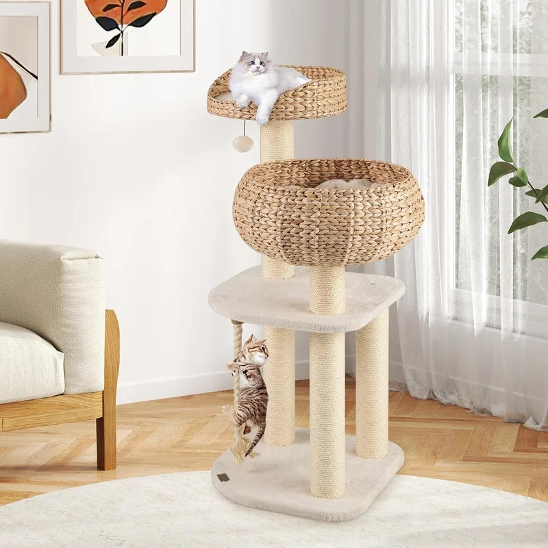 GYMAX Kratzbaum 104 cm, Katzenbaum Rattan mit Korb, Sisalstämme, Hängender Ball & eine Schlinge, Sta